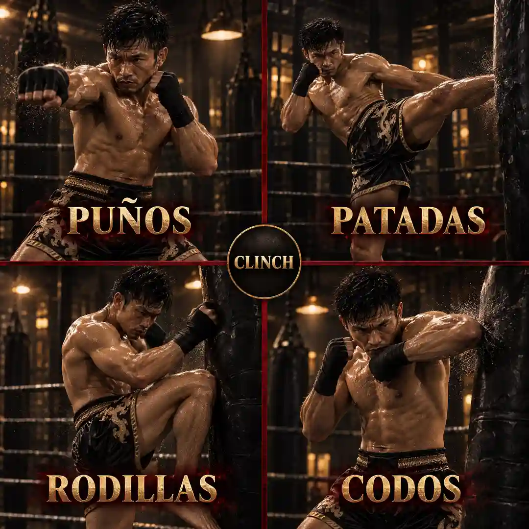 Puños, patadas, rodillas, codos, defensas y clinch